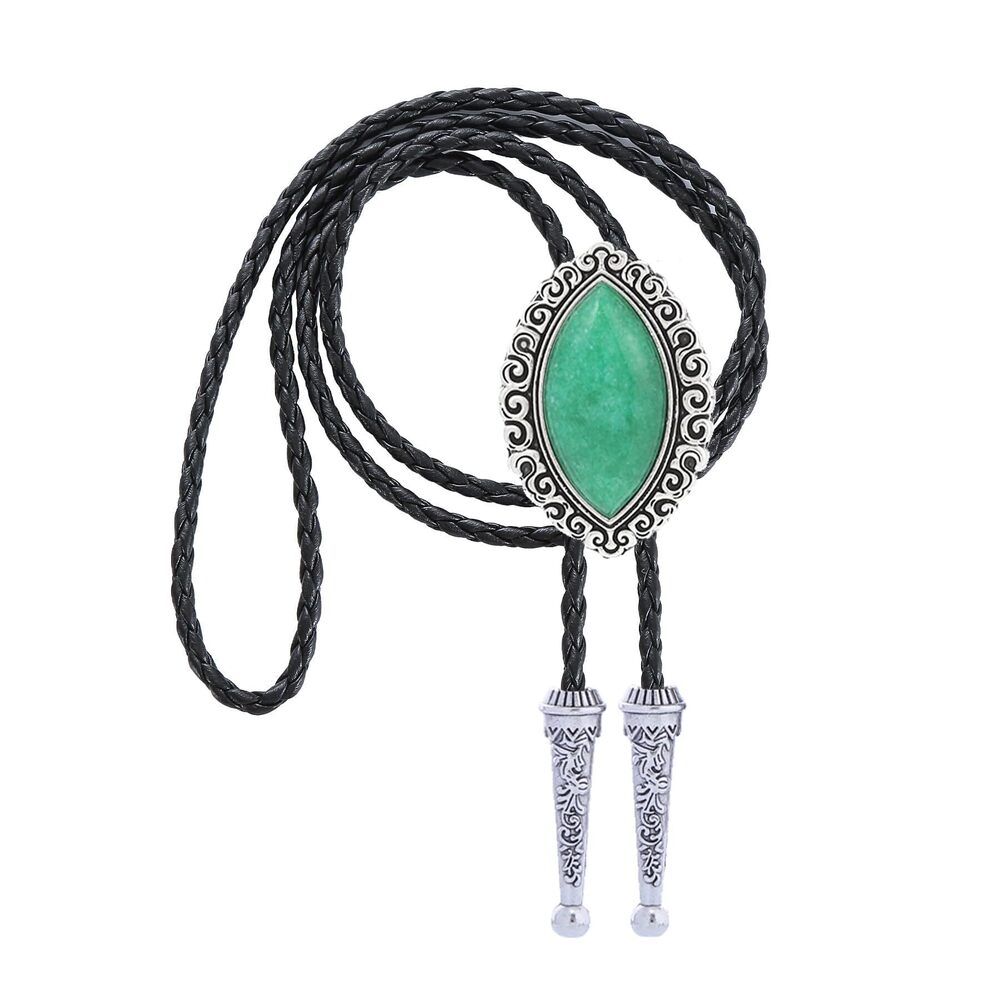 4934 Bolo Tie Turquoise Western Leather Necktie with Green Olive Stone